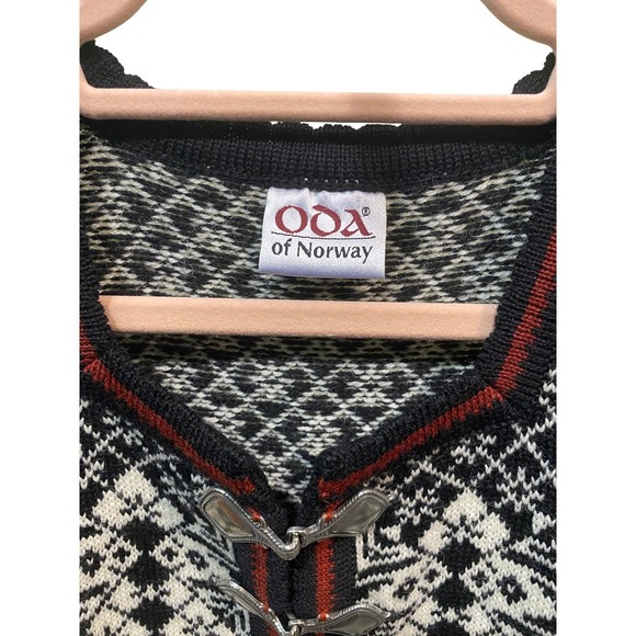 ODA of Norway Wool Sweater Nordic Snowflake Clasp Pullover Black White M - Picture 6 of 6